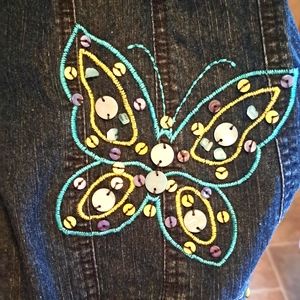 Alfred Dunner Denim Blue and Green Beaded Butterfly Jacket w/Embroidery Size 12